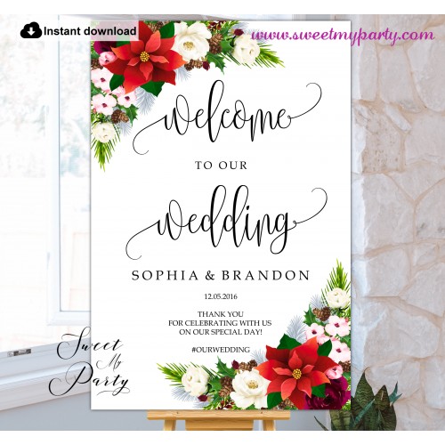 Winter Wedding welcome sign template,Poinsettia Wedding welcome sign,(154)
